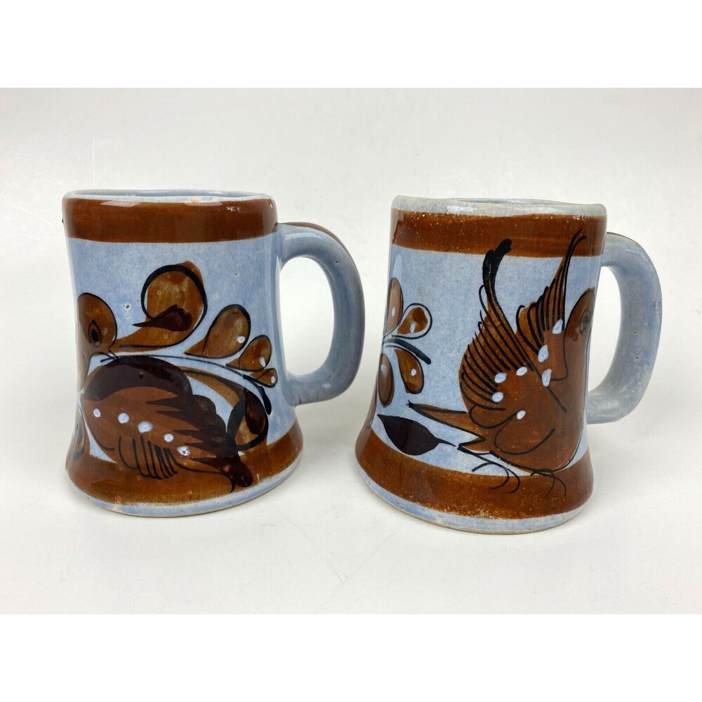 Vtg 80s Mexican Pottery Mugs Handmade Hot Chocolate Coffee Steel Gray & Brown